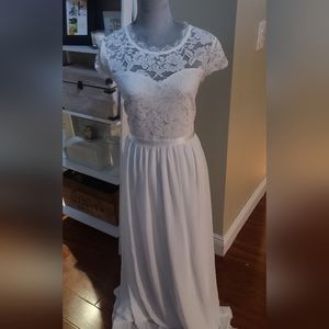 WEDDING/WHITE Dress Floral Lace Bodice Chiffon Ribbon Waist Maxi Flowy